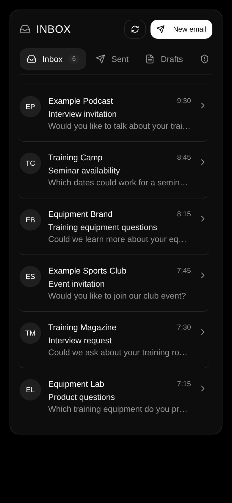 Gameplan inbox with six example interview, seminar and equipment conversations.